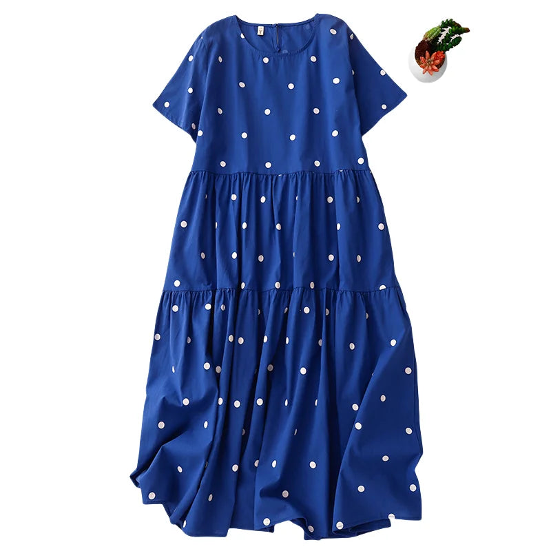 High-End Blue Pure Cotton Floral Print Dress Women's Summer 2025 round Neck Long Dress Polka Dot Skirt Comfortable A-Line