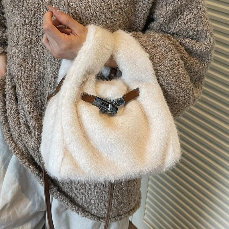 Fashionable Women's Bags Trend 2025 Faux Fur Shoulder Bags Plush Faux Mink Luxury Handbags Chic Crossbody Bag Solid Color Purses