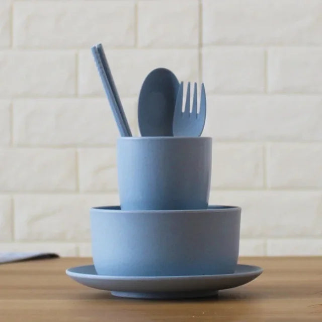 6 Pcs/Set Wheat Straw Baby Tableware Children Food Dishes Bowl Feeding Infant Learning Dinnerware Spoon Chopsticks Fork Cup New