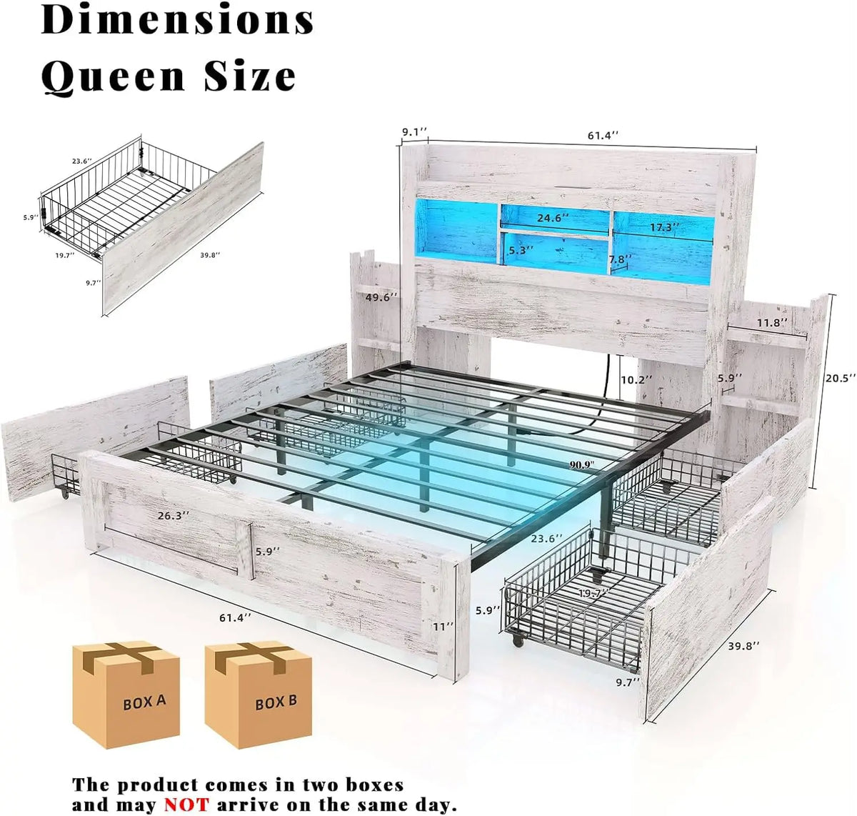White Queen Storage Bed Bookcase Headboard Charging Station 4 Drawers Wood Platform No Box Spring, Customized