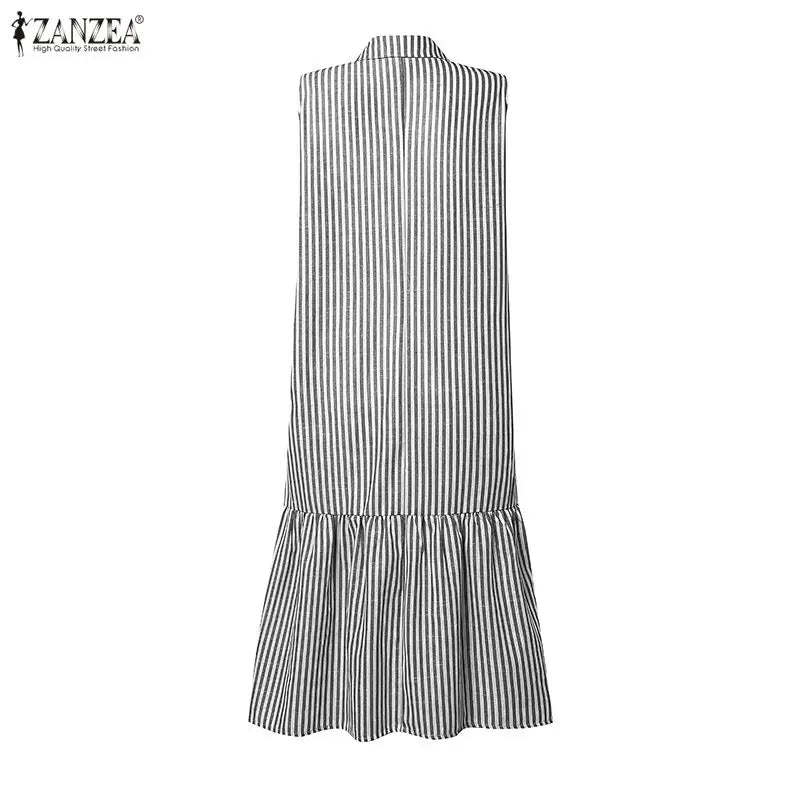 ZANZEA Elegant Women Striped Sleeveless Shirt Dress Casual Ruffle Hem Summer Holiday Button Down Office Work Midi Sundress Robe