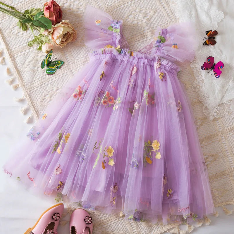 Floral Mesh Ball Gown Dress For Baby Girls Princess Style With Full Skirt And Floral Applique