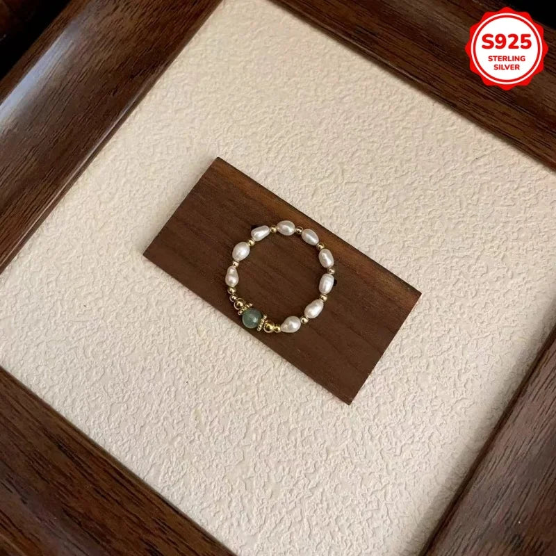 Fashionable Luxury 925 Silver Natural Stone Freshwater Pearl Women's Elastic Ring Daily Style Imves Fine Jewelry