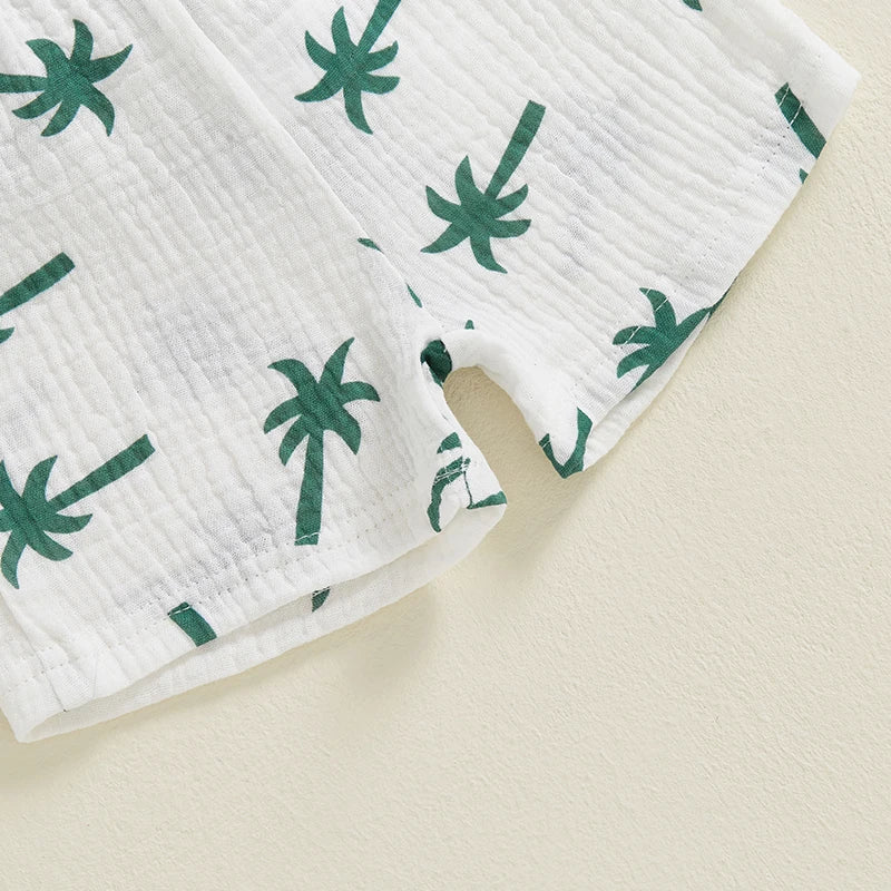 Palm Tree Print Baby Boys Summer Outfit Two Piece Set Button Up Shirt And Elastic Shorts
