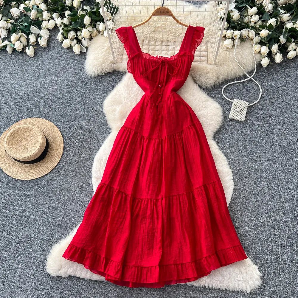 Summer French Sweet Camisole Ruffle Edge Dress for Women New Style with Straps Waist Cinching Vacation Style Dress C579