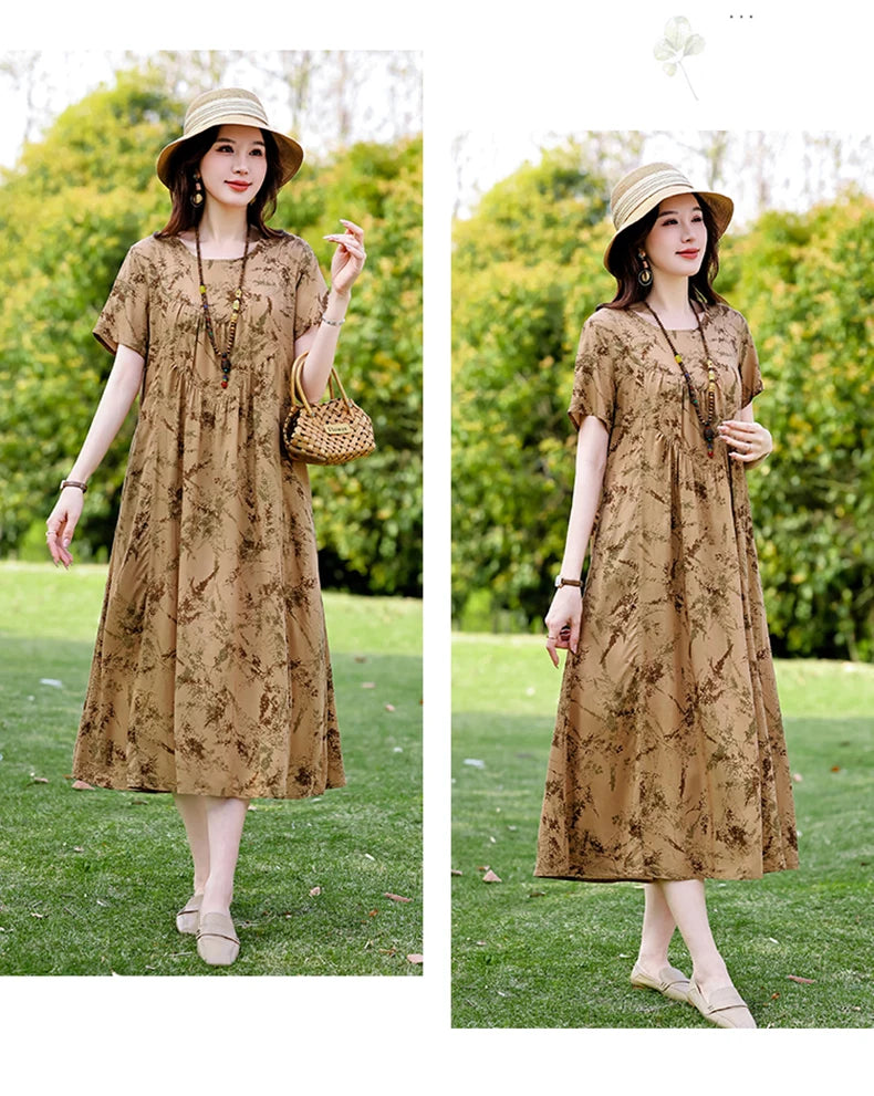 New Print plus size 2026 New Fashion Floral Printed Summer Dress Vestidos Elegant Short Sleeve Slim O-Neck Party Women clothing