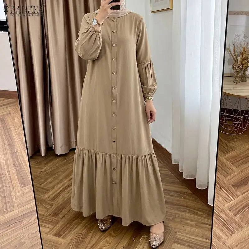 Modest Fashion Women Denim-Like Maxi Dress O-Neck Lantern Sleeve Button Up Abaya Robes ZANZEA Muslim Islamic Hijabis Kaftan