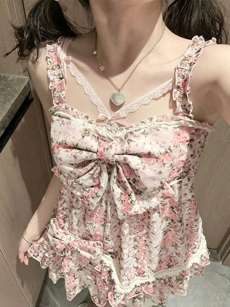 New Summer Vintage Sweet Elegant Women Dress Design Y2k Floral Print Chic Strap Mini Dresses Fashion Lace Korean Popular Clothes