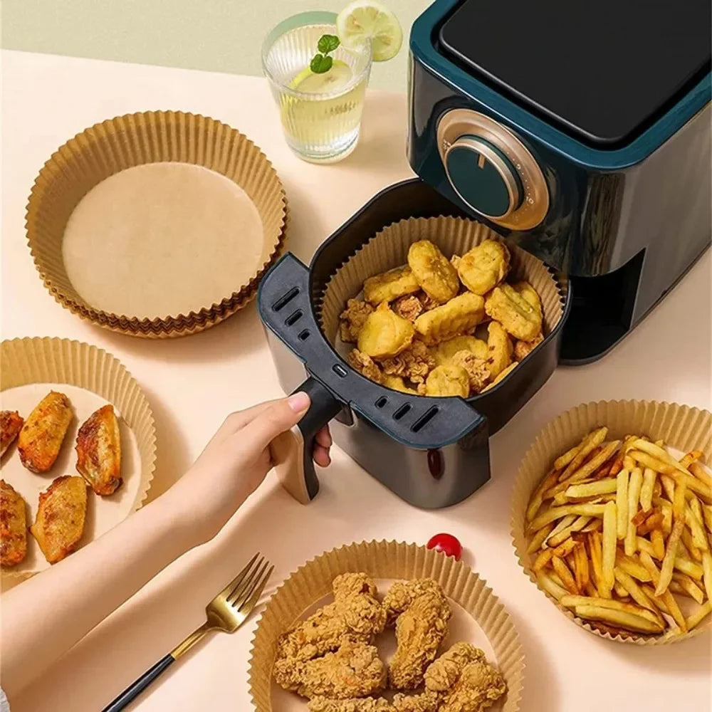 50/30 Piezas Accesorios de Cocina Papel para Freidora de Aire Utensilios de Cocina Desechables Cuadrados Redondos Moldes para Repostería Bandeja para BBQ Almohadilla Antiadherente
