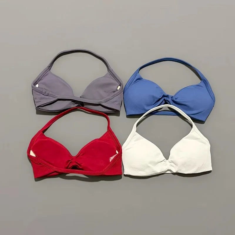 HISTELLO Sports Strappy Bra Df Solid Color Women Seamless Yoga Underwear Fitness Workout Halter Top Running Gym Sports Bra