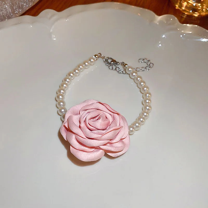 Jewelry Set For Women With Fabric Flowers Necklace Bracelet Earrings Four Pcs Elegant French Retro Style