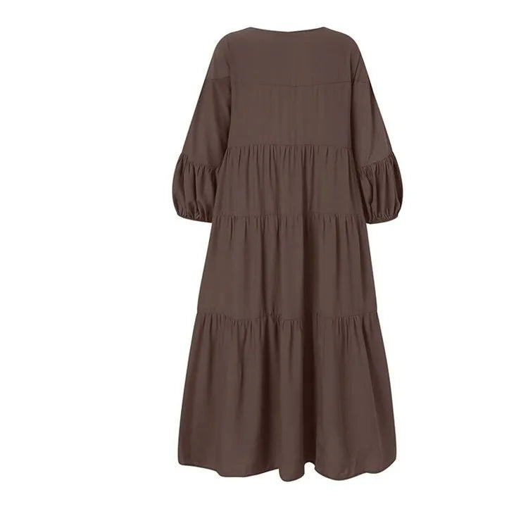 Summer Dress Women's Casual Long Sleeve V Neck Dresses Olive Green Loose Fit Maxi Dress Tiered Skirt A Line Flared Shirt Dress