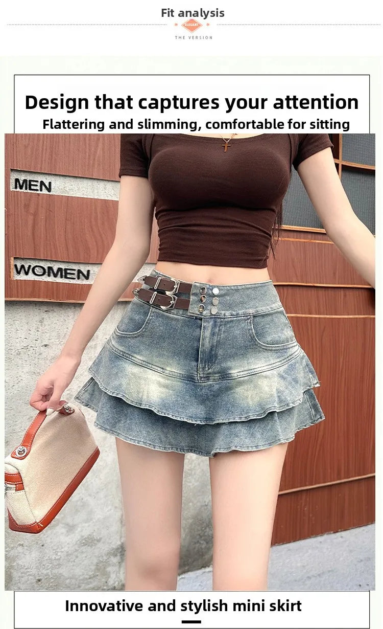 2026 American Pure Desire Spicy Girl Design Elastic Denim Skirt Half-length Pleated Cake Skirt Short Commute High Elasticity
