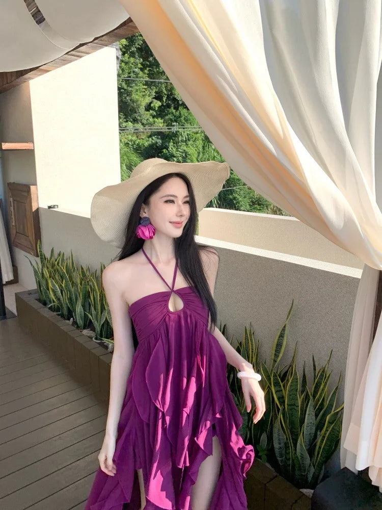 Purple Beach Vacation Photography Dress Women's Sleeveless Gown Luxury Design Sensation Halter Neck Chiffon Long Skirt