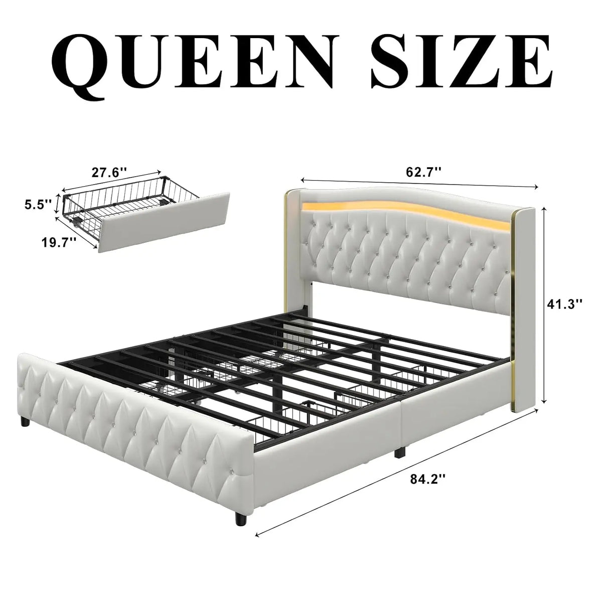 Queen Size Bed Frame, Headboard, 4 Storage Drawers, LED Lights, White | Charging Station, Upholstered Leather Bed,, Customized