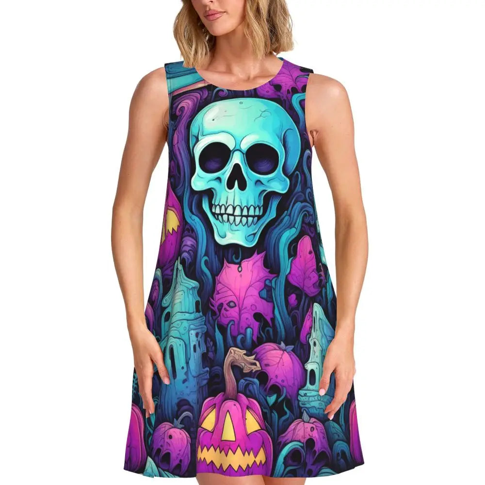 Happy Haunts Tank Dress Halloween Pumpkin Aesthetic Dresses Sleeveless Cute Dress Hot Sale O Neck Ladies Printed Clothing