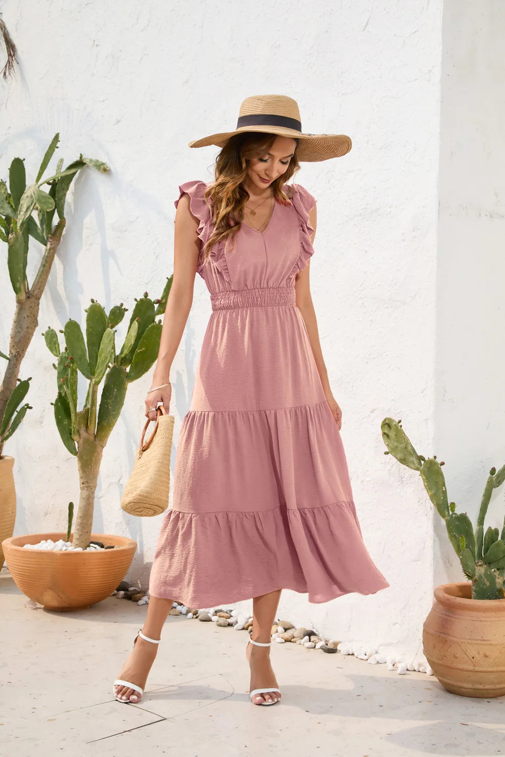 VigoCasey 2026 Summer Female Solid Long Dress Women Sexy Ruffle Sleeveless V Neck Long Dress Lady Casual High Waist Dresses