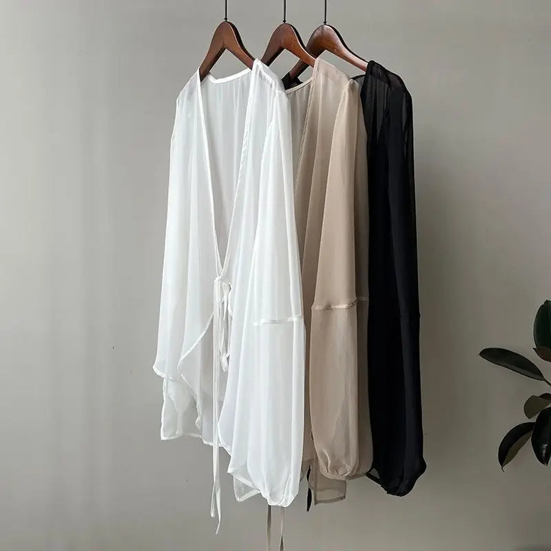 Shirts Women V-neck Loose Long Sleeve Open Stitch Korean Style Lace-up Simple Solid Summer Chiffon Breathable Minimalist Stylish