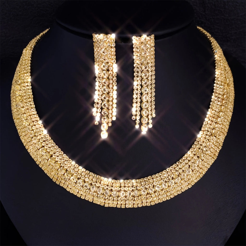 Women'S Rhinestone Jewelry Set Wedding Accessories Elegant Necklace Earrings Bridal Jewelry Set Birthday Gifts