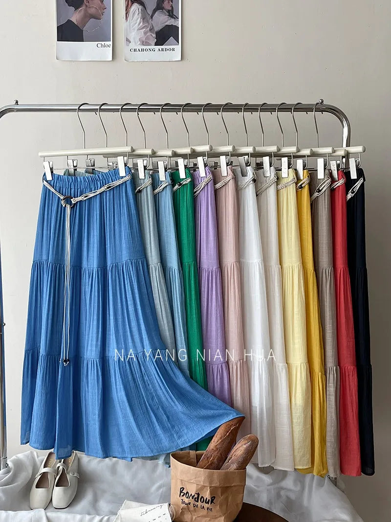 Beiyingni 2025 Summer French Women's Linen Cotton Maxi Skirts Casual Vintage Sashes Korean Long Cake Skirt Female Boho Vacation