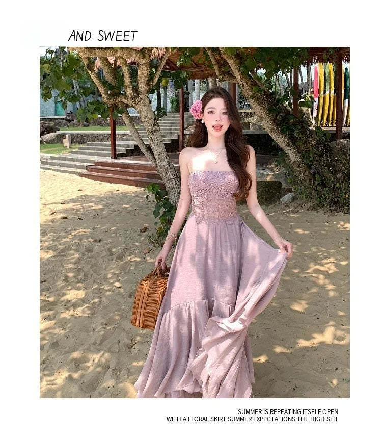 Slimming Dry Rose Splicing Tube Top Beach Dress Women's Style Long A-Line Skirt High Waist No Sleeve Shoulderless Polyester