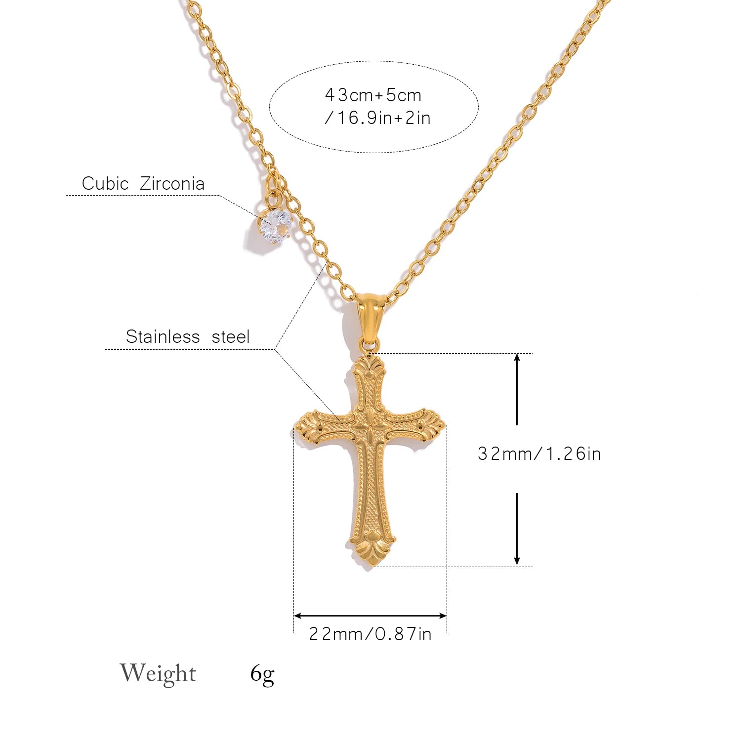 Cross Pendant Necklace For Women'S, 18K Gold Plated Stainless Steel, Hypoallergenic Waterproof Fine Jewelry
