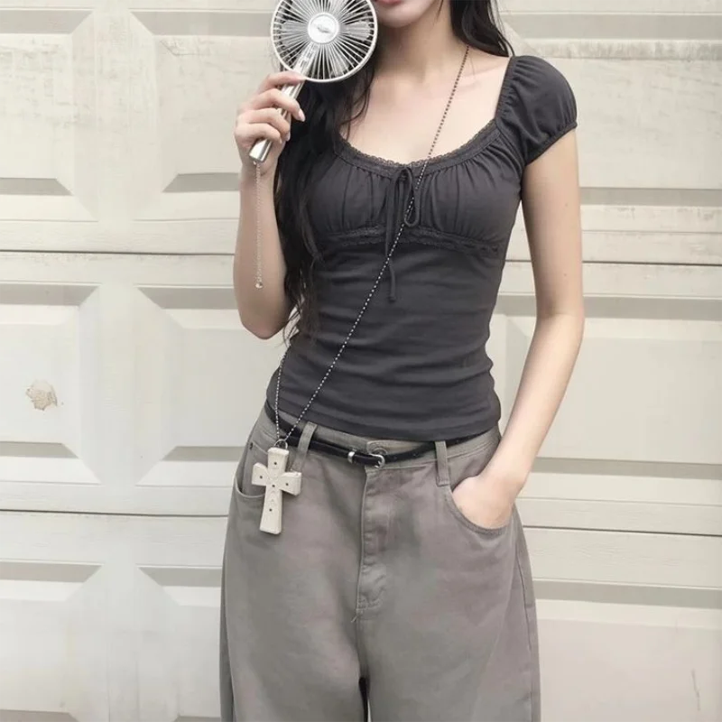 2000s Aesthetic Sweet Lace Short Top Women Lace Up T-shirt Short Sleeve Korean Fashion Female Tee Fairy Grunge Streetwear