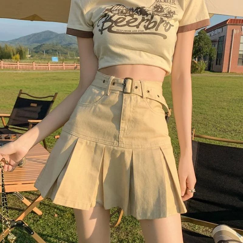 Retro American Blue Hot Girl Pleated Denim  Skirt Women's Summer New Pure Desire A-Line High Waist Short Skirt
