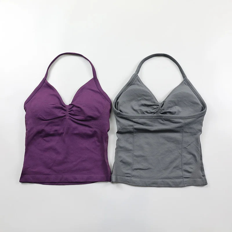No Logo Longline Strappy Top Women Seamless Yoga Tank Top Ruched Backless Gym Clothes Workout Sleeveless Shirt With Built In Bra