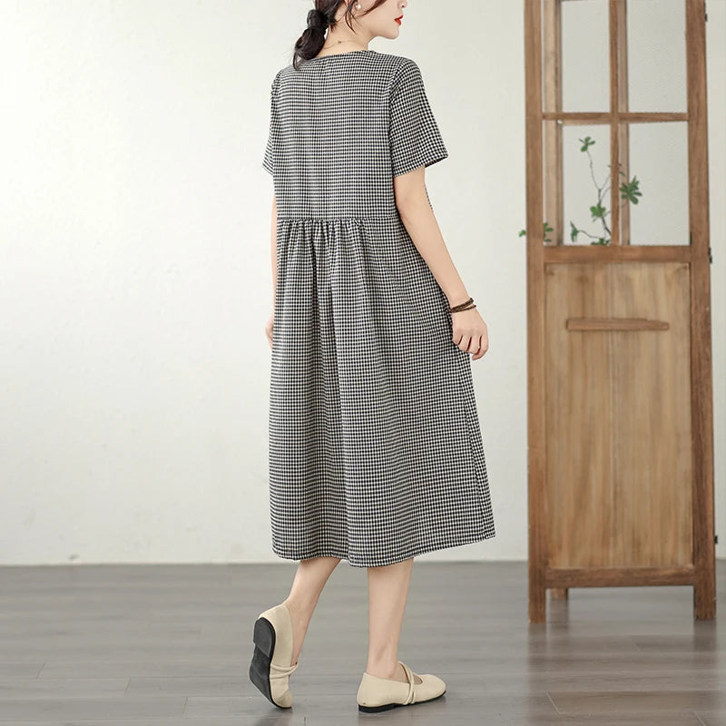 Retro Fashion Casual Plaid Dress Women Summer New V-neck Lace Splicing Loose Slimming Skirt over Knee Cotton Polyester Blend