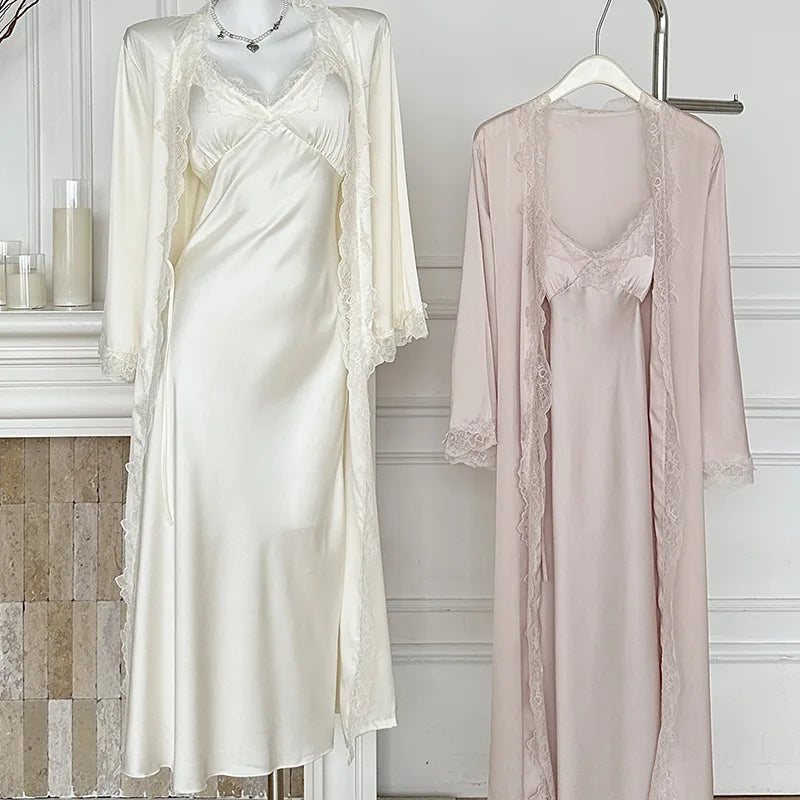 Women's Satin Lace Trim Robe & Nightgown Set – Silky Sleepwear, Sizes M–XL