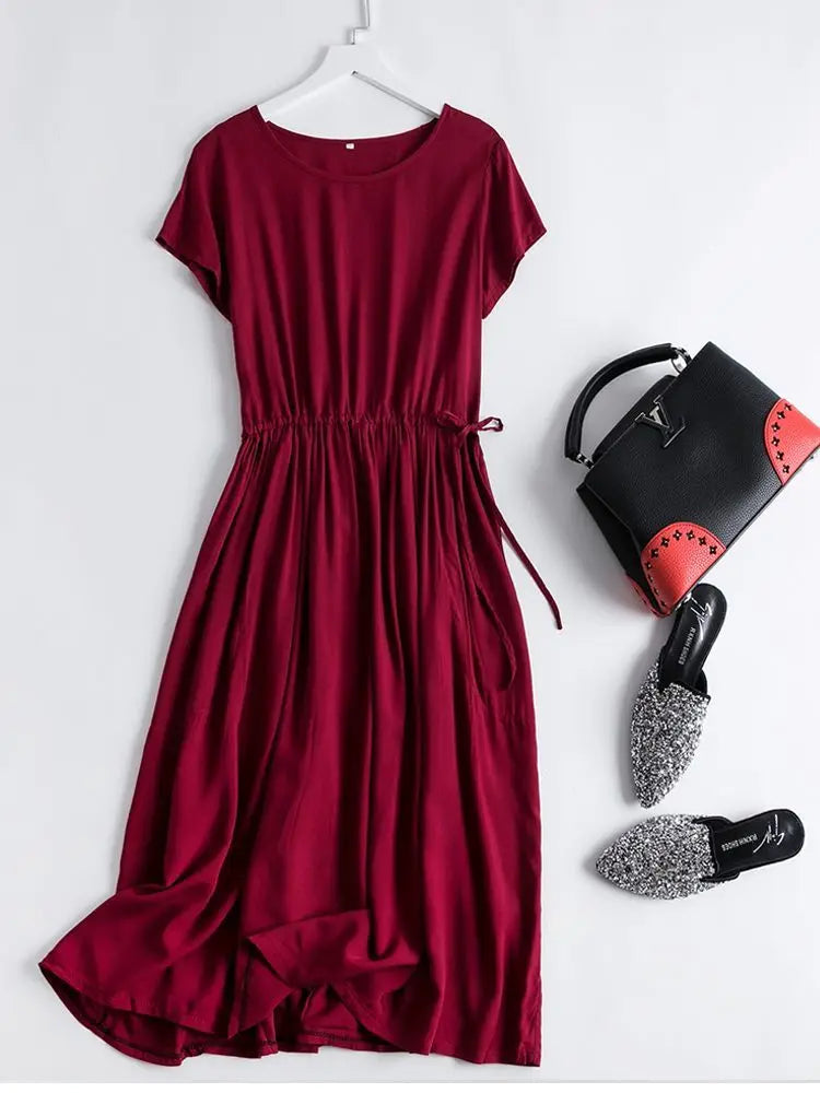 Cotton Silk Dress Women's Short Sleeved 2026 Summer New Ladies Slim Round Neck Temperament Beach Print Dresses