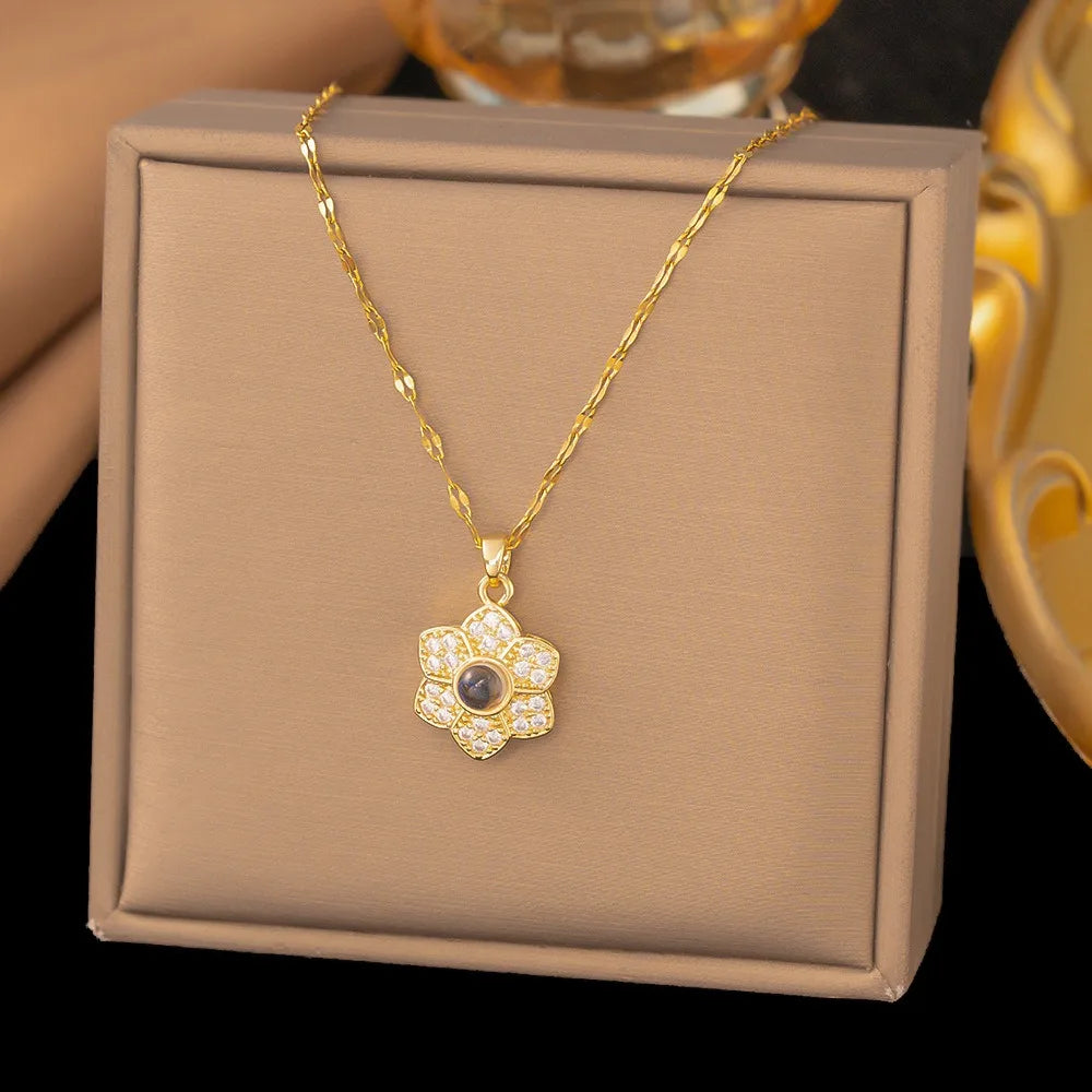 New Micro-Inlay Zircon Swan Flower Heart Projection Moon Pendant Necklace For Women'S Stainless Steel Valentine'S Day Jewelry
