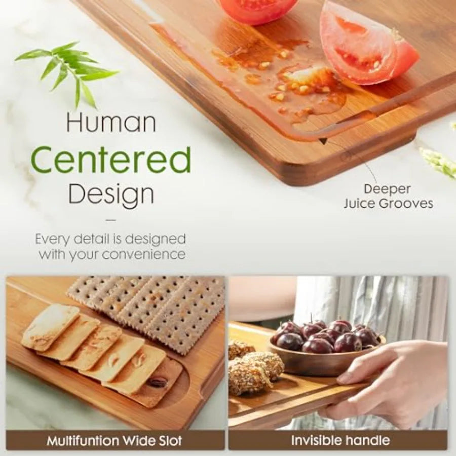 Bamboo Cutting Boards for Kitchen with Wood Storage Stand, Reversible Charcuterie and Chopping Boards with Juice Grooves and Ea