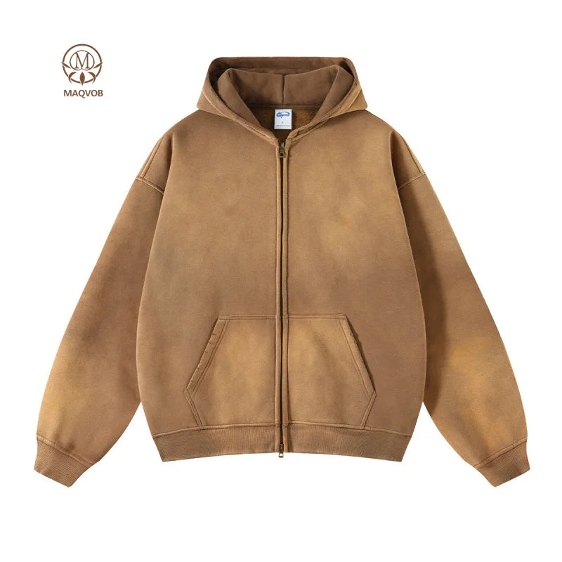 Maqvob European And American High Street Autumn Tie Dye Washed Vintage 360G Fleece Lined Double Zip Puller Sweatshirt Hoodie