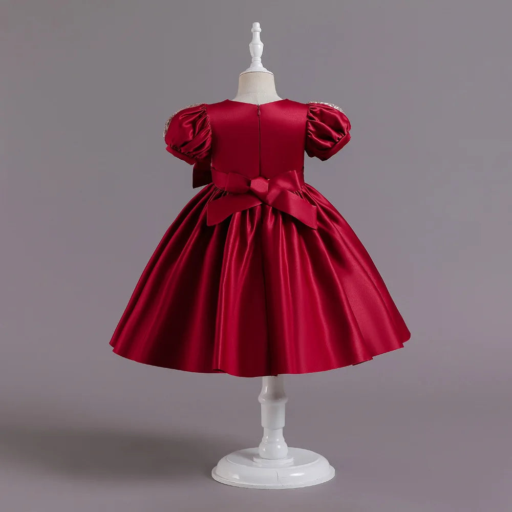 Golden Bow Satin Girls Dress For Weddings Party Children's Pageant Ball Gown Kids Formal Evening Clothing 2-8 10 Years