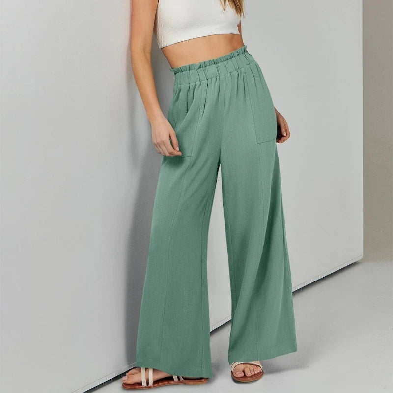 Women's Ruffle Elastic High Waist Wide Leg Pants Loose Casual Long Trousers With Pockets Spring Summer Daily Wear