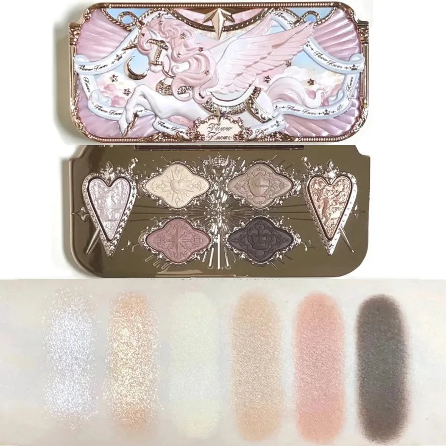 Flower Knows Knight Unicorn 6 Color Satin Eye Shadow Palettes Shimmer Matte Waterproof High Pigment Eye Glitter Makeup Pallet