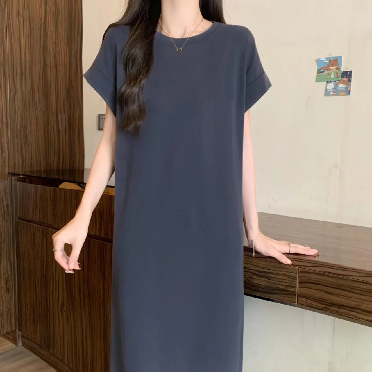 Women Cotton T-Shirt Dress Crew Neck Short Sleeve Loose Split Side Summer Casual Maxi Dress