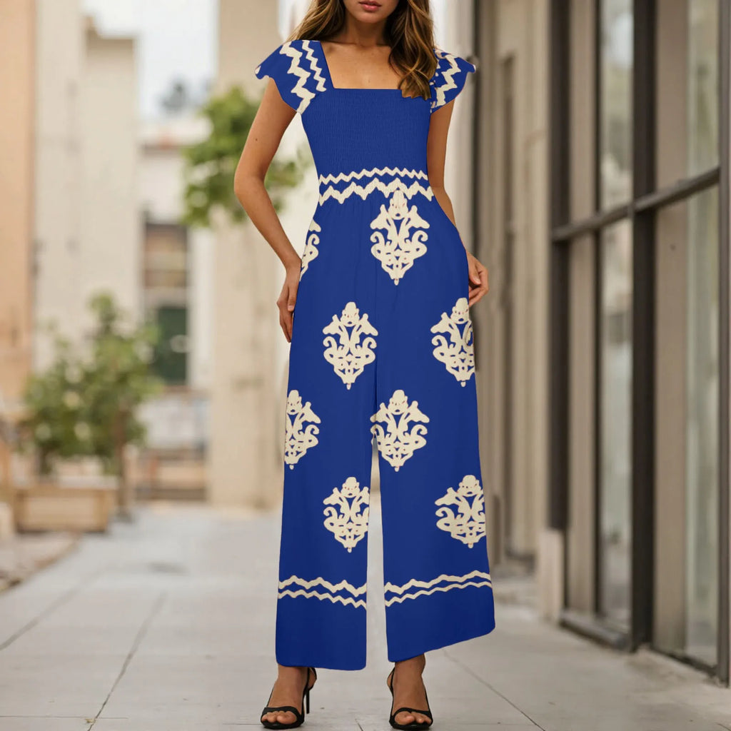 Womens Beach Vacation Tight Jumpsuits Boho Retro Print Cap Sleeve High Waist Wide Leg Romper With Casual Jumpsuits With Pockets