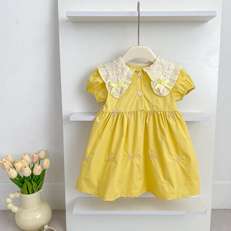 Girls Bow Princess Dress | Puff Sleeve Embroidery Party Dress