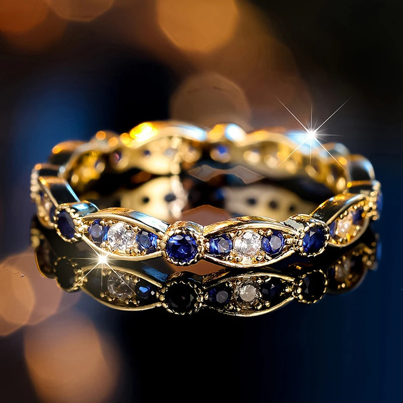 Huitan Exquisite Women Thin Ring with Blue/White Cubic Zirconia Daily Party Luxury Trendy Female Rings Gold Color Twist Jewelry
