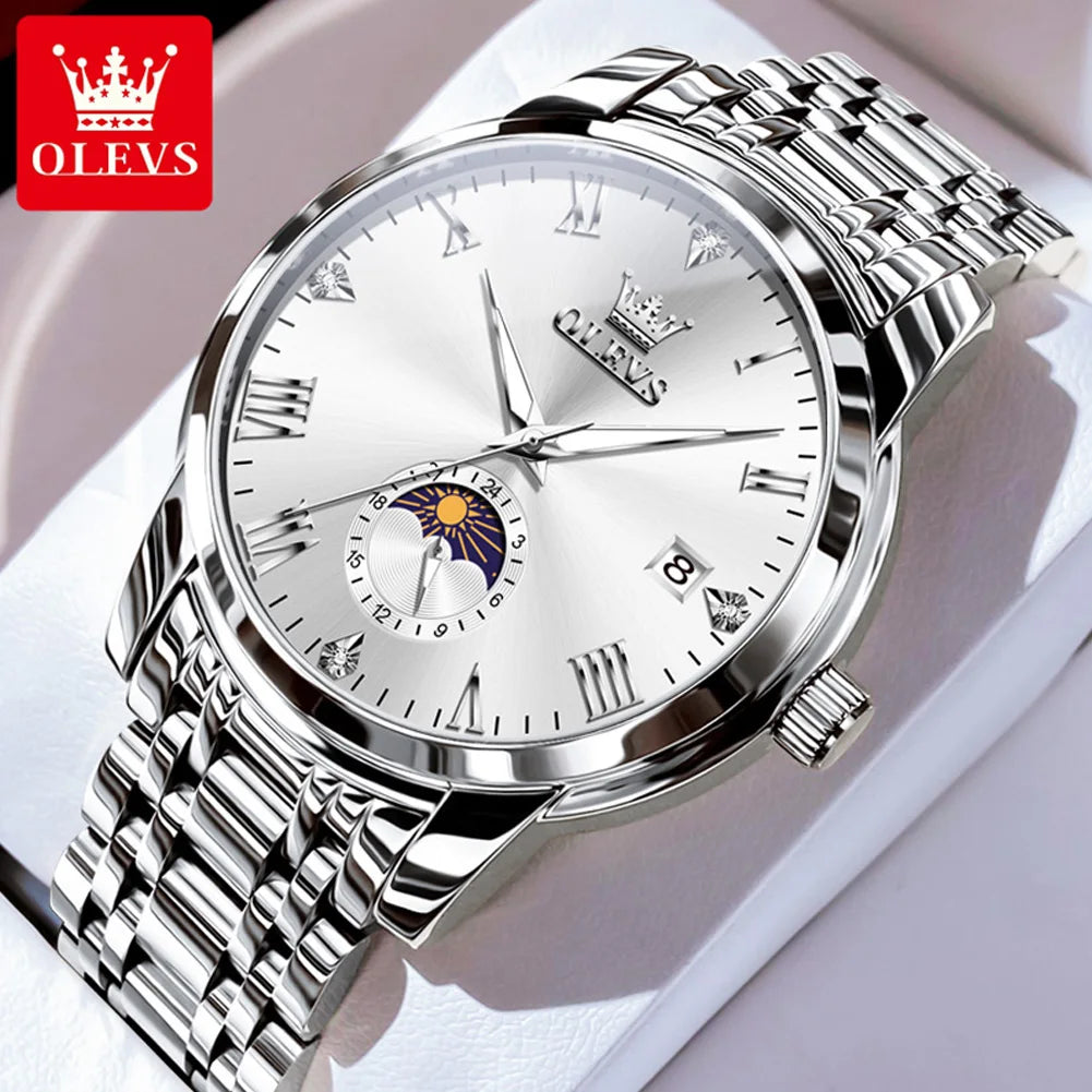 OLEVS 3656 Brand Men's Watches Fashion Original Quartz Watch for Man Waterproof Stainless Steel Luminous Wristwatch Moon Phase
