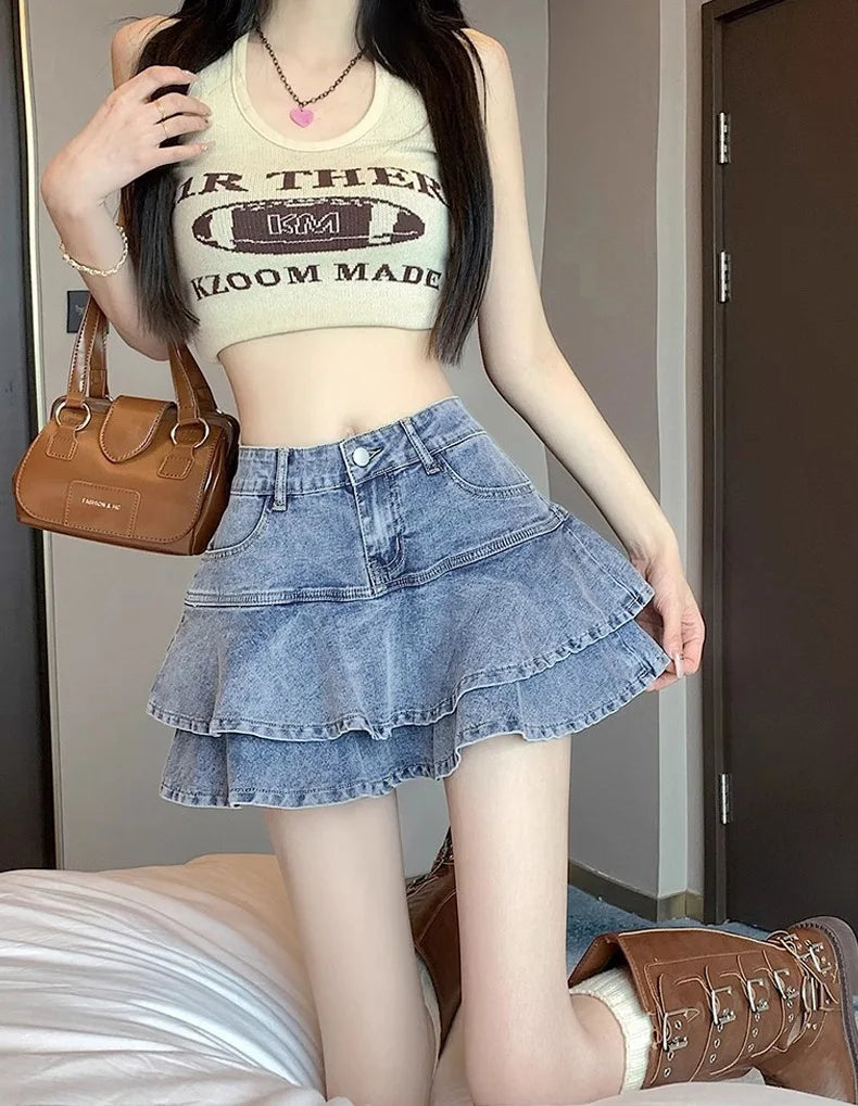 American High Waist A-word Denim Skirt Summer Cake Fluffy Skirt Women's Culottes