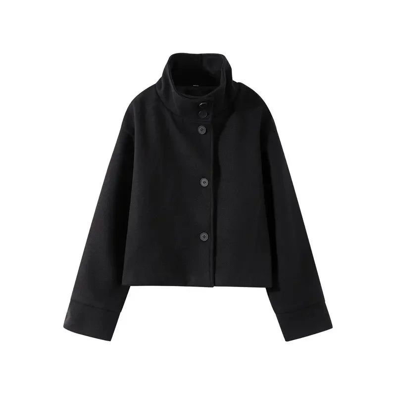Stand Collar Women Winter Woolen Coat 2025 Spring Single Breasted Loose Female Long Sleeve Jacket Office Lady Street Short Coats