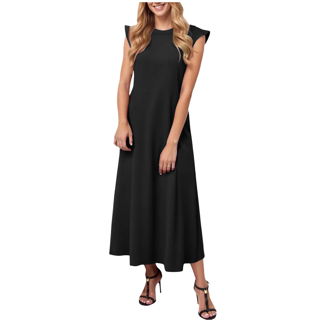Women's Solid Color Summer Dress Flying Short Sleeve Loose Fit A Line Long Dress Casual Oversized O Neck Beach Vestidos Mujer