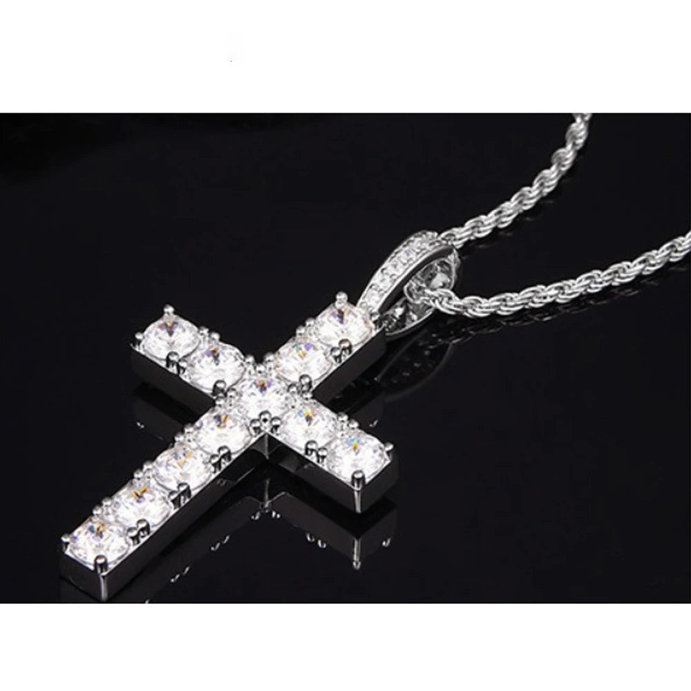 Knobspin 5.5Ct Moissanite Cross Necklace Solid S925 Sterling Silver 1.6Mm Rope Chain Necklaces For Women'S Man Christian Jewelry