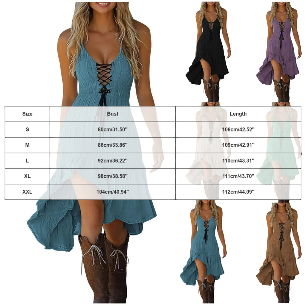 Cowgirl Vintage Spaghetti Strap Dresses Women Bandage V Neck Elastic Waist Asymmetrical Gothic Dress Summer Party Vestidos Mujer