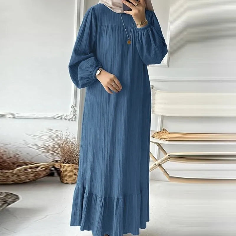 Women’s Spring-Summer Textured Long Sleeve Maxi Dress Round Neck, Ruffle Hem, Loose Fit, Casual Boho Style, Vacation Beach Wear