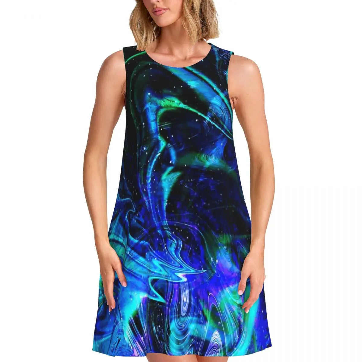 80s Color Block Print Mini Dress - Sleeveless A-Line Tank Dress